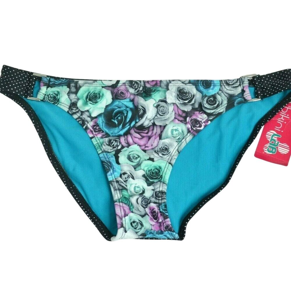 BIKINI LAB Pacific Blue Rose Pattern Polka Dot Bikini Bottoms, Size Large